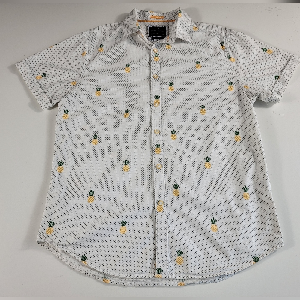 Denim & Flower Button Up Tropical Edition  Short Sleeve Slim Fit Shirt Mens M - Picture 2 of 6